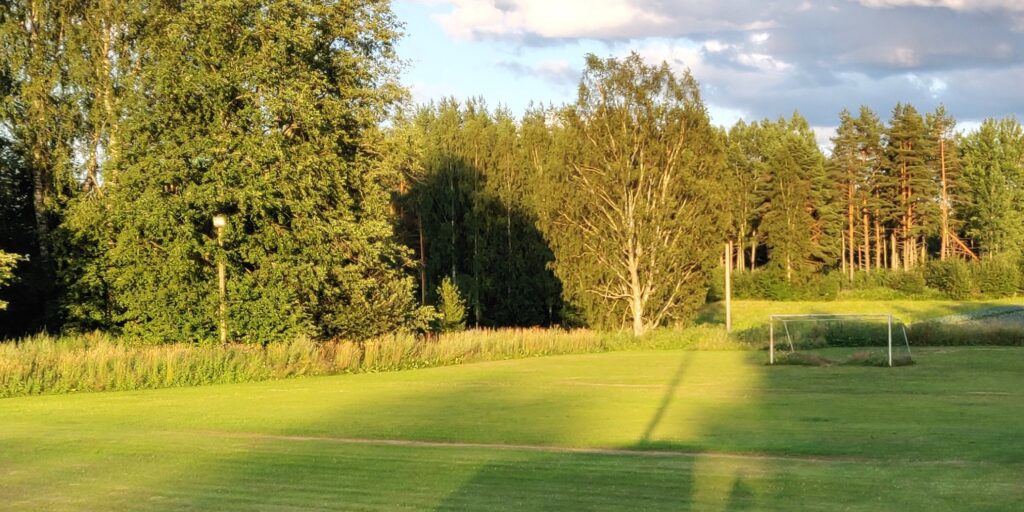 Kolman koulun nurmikenttä kesällä.
