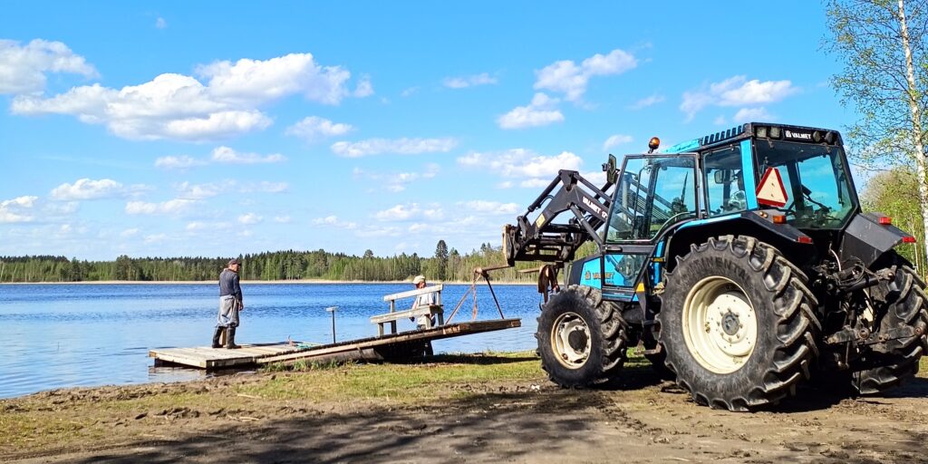 Kolman uimarannalla laiturin laittoa järveen traktorin avulla.