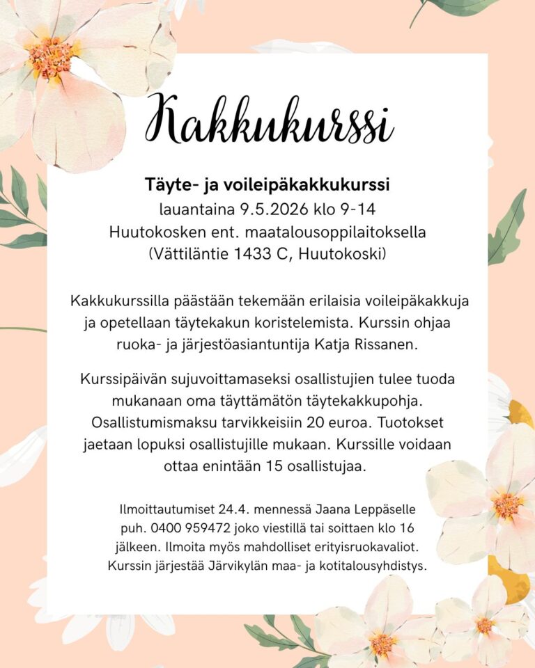Kuva, jossa kakkukurssin 9.5.2026 tapahtumatiedot.